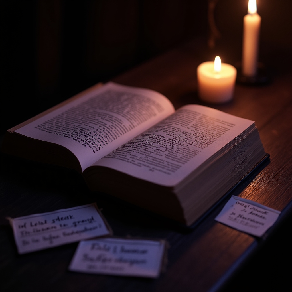 Aufgeschlagenes Buch mit warmer Lichtstimmung auf einem Holztisch
